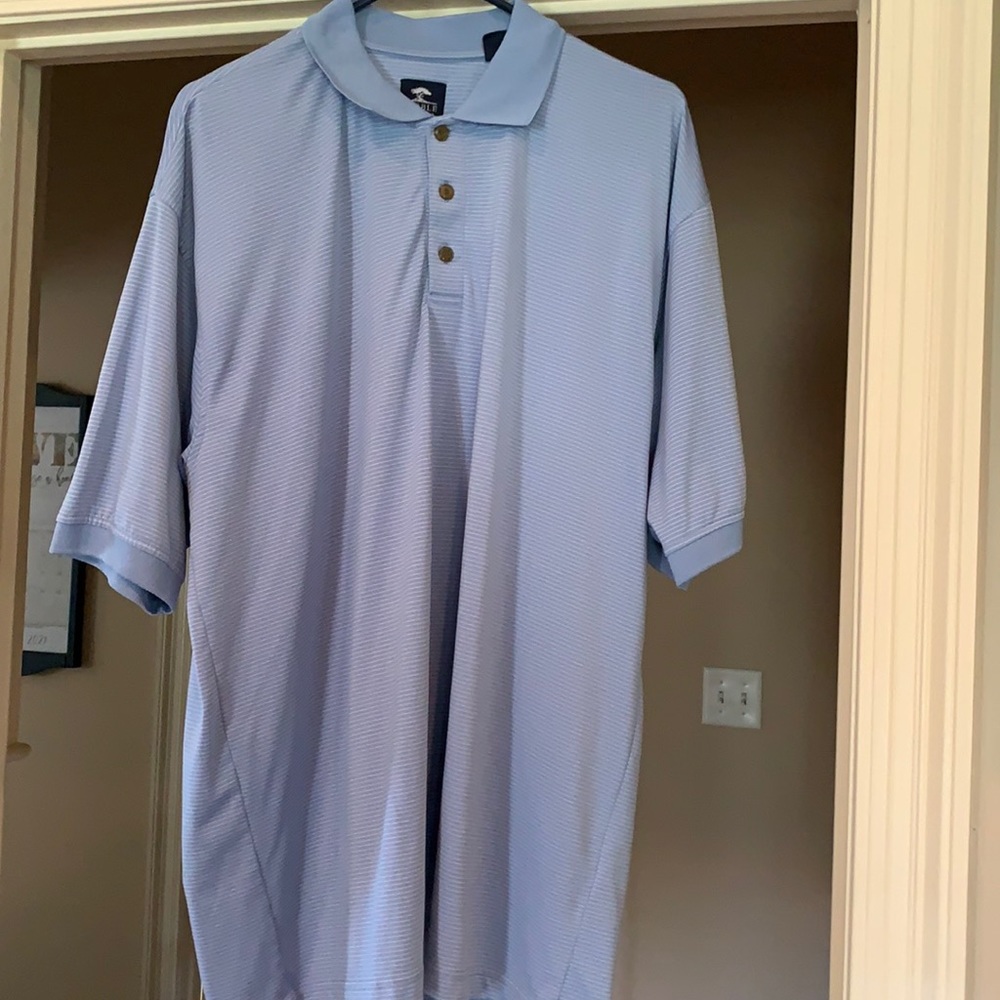 Men’s blue and white golf shirt